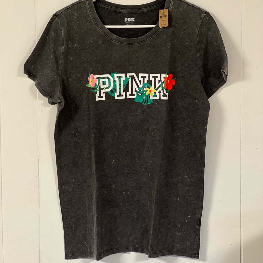 Victoria’s Secret pink black stonewash floral flowers embroidered T shirt